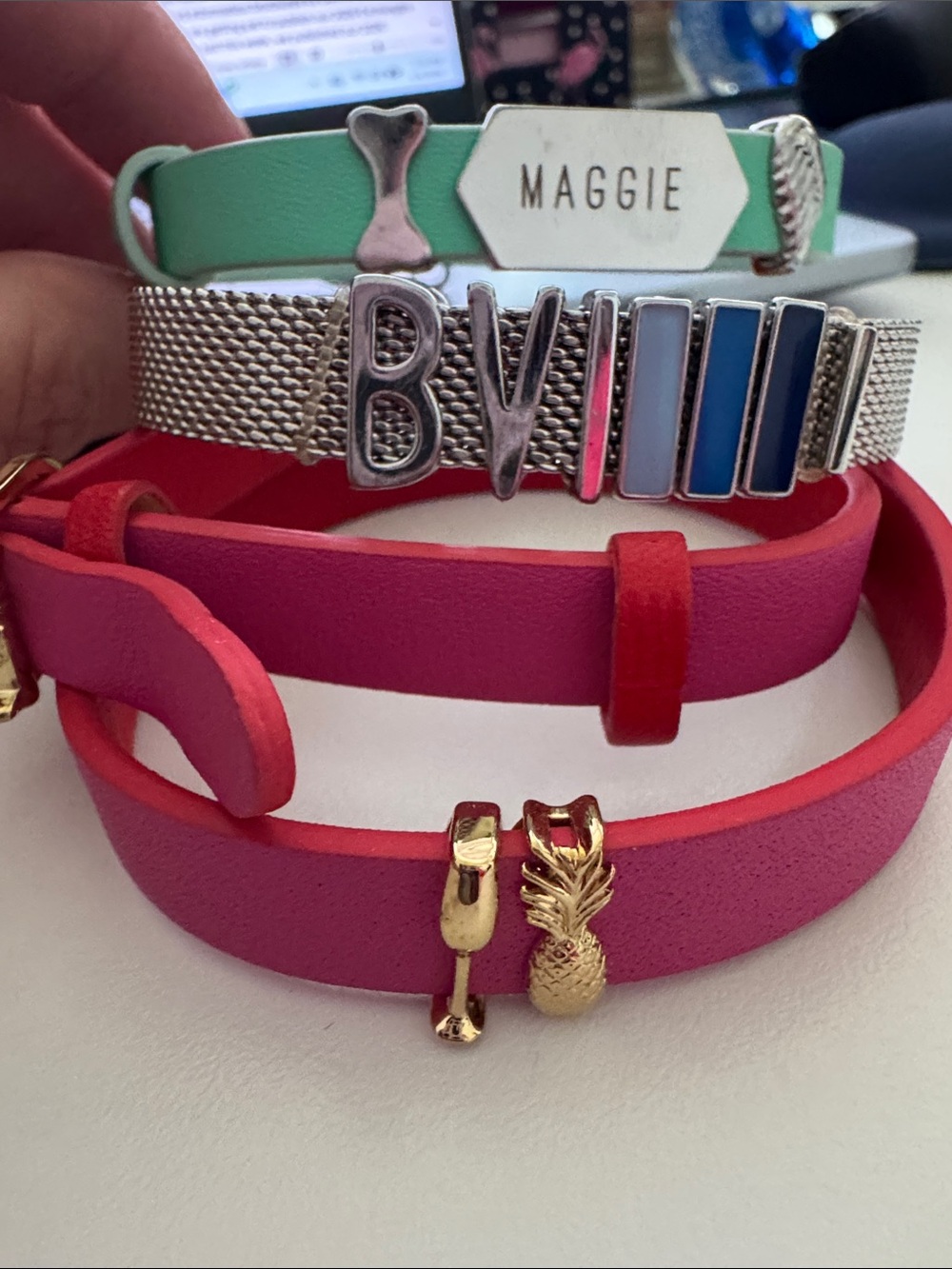 KEEP Collective of 3 Bracelets with Charms in Mint,  Hot Pink and Silver